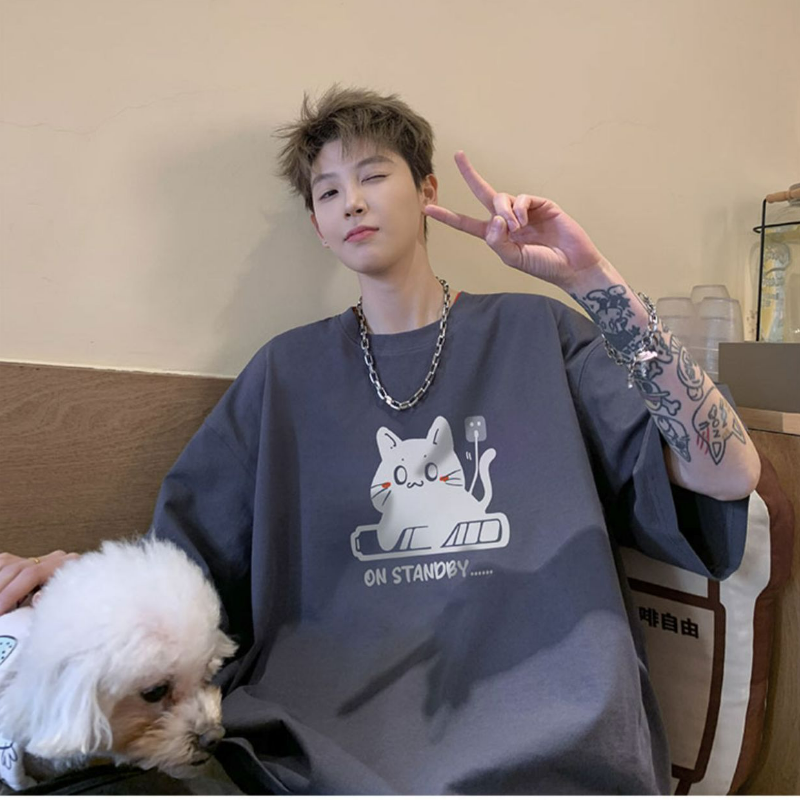 純棉簡約充電小貓印花圓領大碼設計感短袖T恤