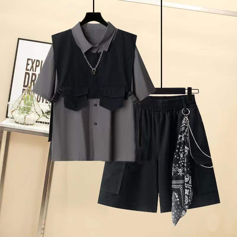 男女同款套裝夏季韓版寬鬆短袖襯衫 工裝馬甲短褲三件套ins潮