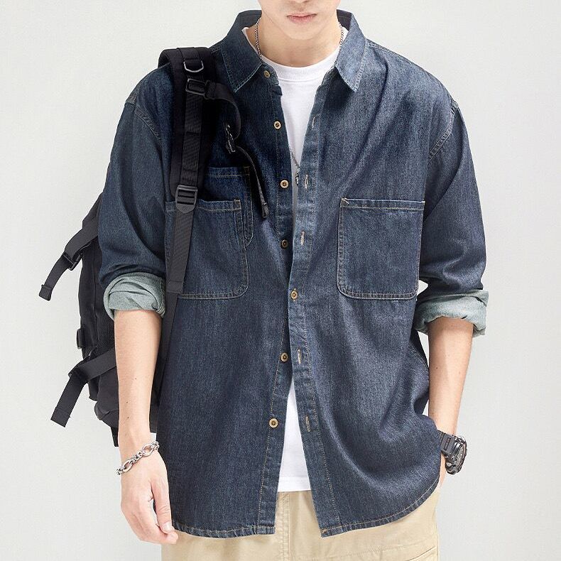素色寬鬆休閒工裝潮牌痞帥襯衫牛仔外套