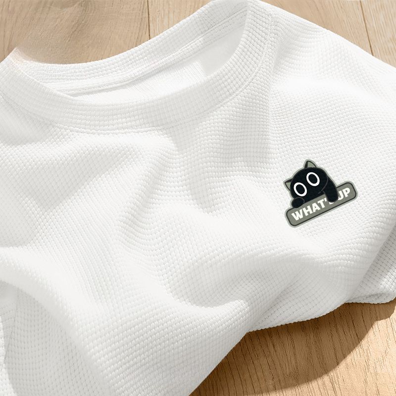 華夫格寬鬆簡約圓領印花短袖-vivivale