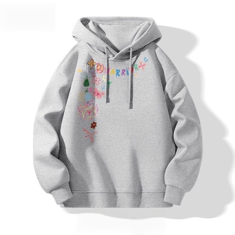 美式塗鴉花卉印花寬鬆休閒連帽情侶衛衣-vivivale