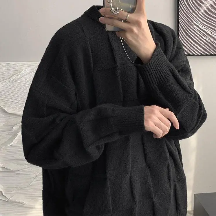 慵懶風復古圓領寬鬆潮流百搭慵懶格子針織毛衣