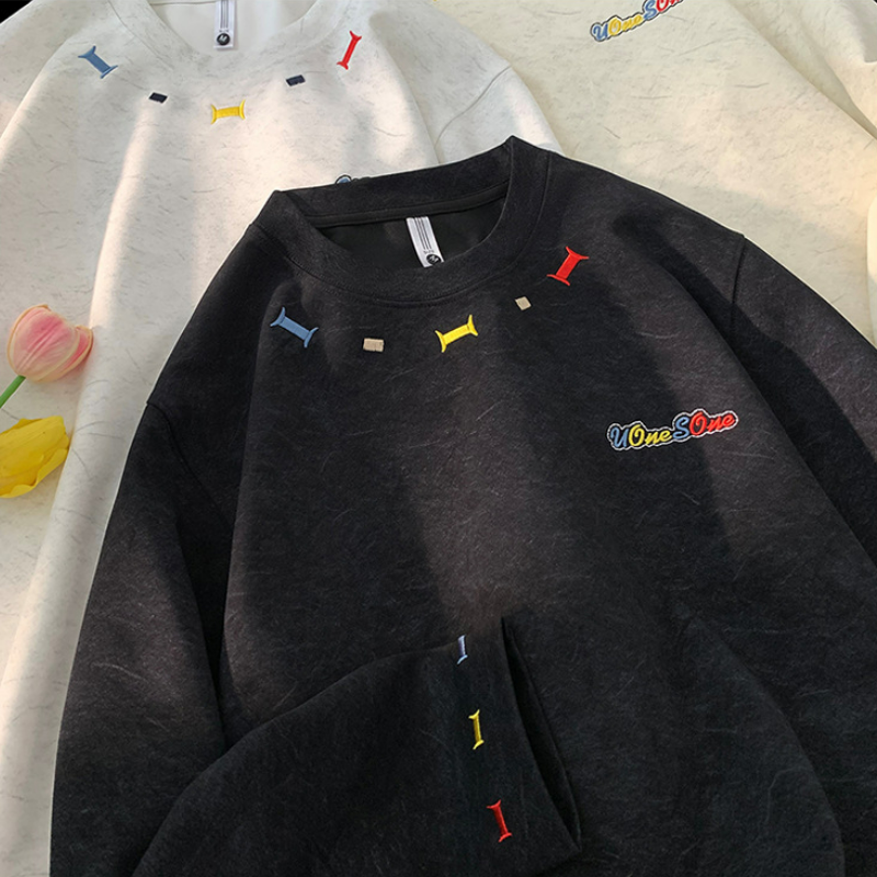 美式重磅寬鬆潮流砂洗彩虹刺繡長袖T恤