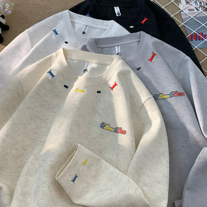 美式重磅寬鬆潮流砂洗彩虹刺繡長袖T恤