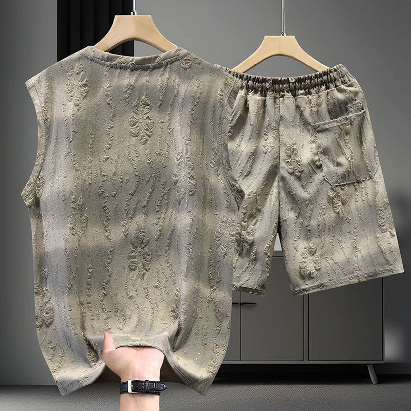 【整套】紮染輕奢破洞薄款提花無袖t恤+休閑短褲兩件套