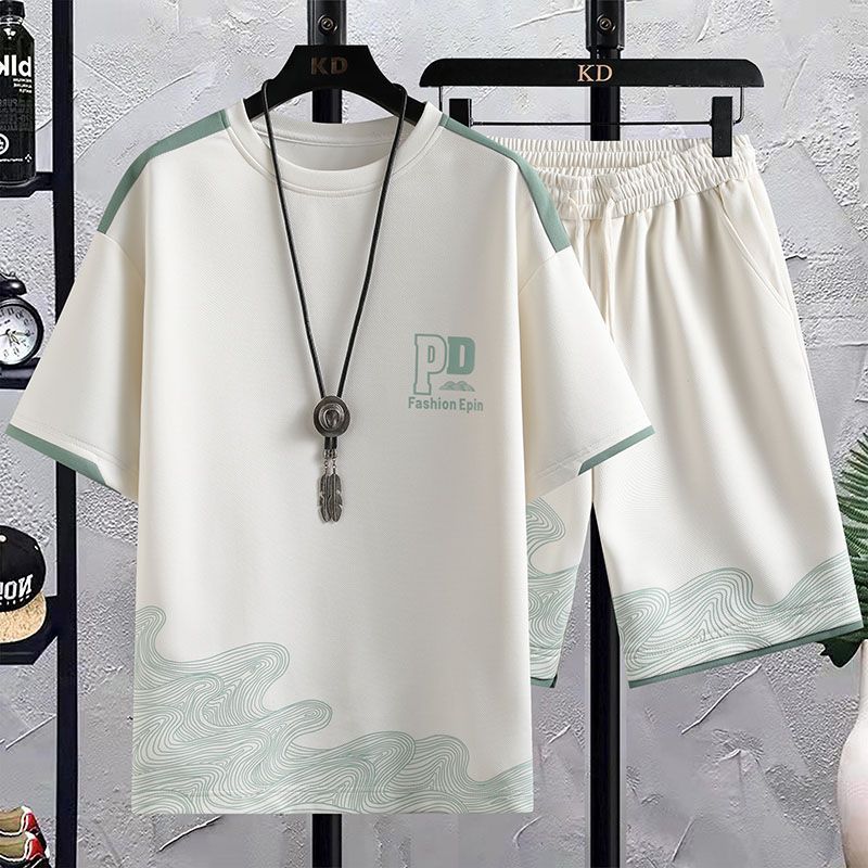 【整套】休閒圓領帥氣短袖T恤+鬆緊腰抽繩短褲兩件套裝-vivivale