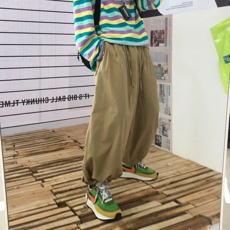 復古個性街頭日系工裝寬鬆高腰闊腿燈籠褲-vivivale