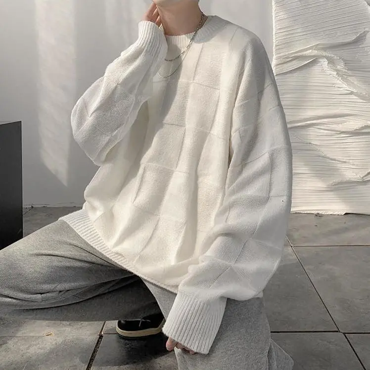 慵懶風復古圓領寬鬆潮流百搭慵懶格子針織毛衣