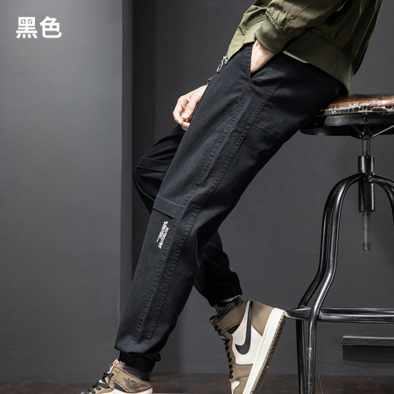 時尚潮流寬鬆休閒加絨運動九分束腳工裝褲-vivivale