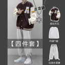 咖啡色夾克+白色T恤+灰色長褲【三件套】【送項鏈】