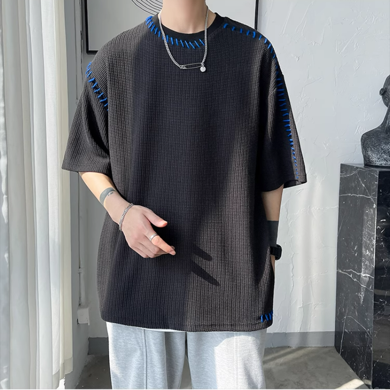 設計感帥氣寬鬆休閒圓領華夫格短袖t恤-vivivale