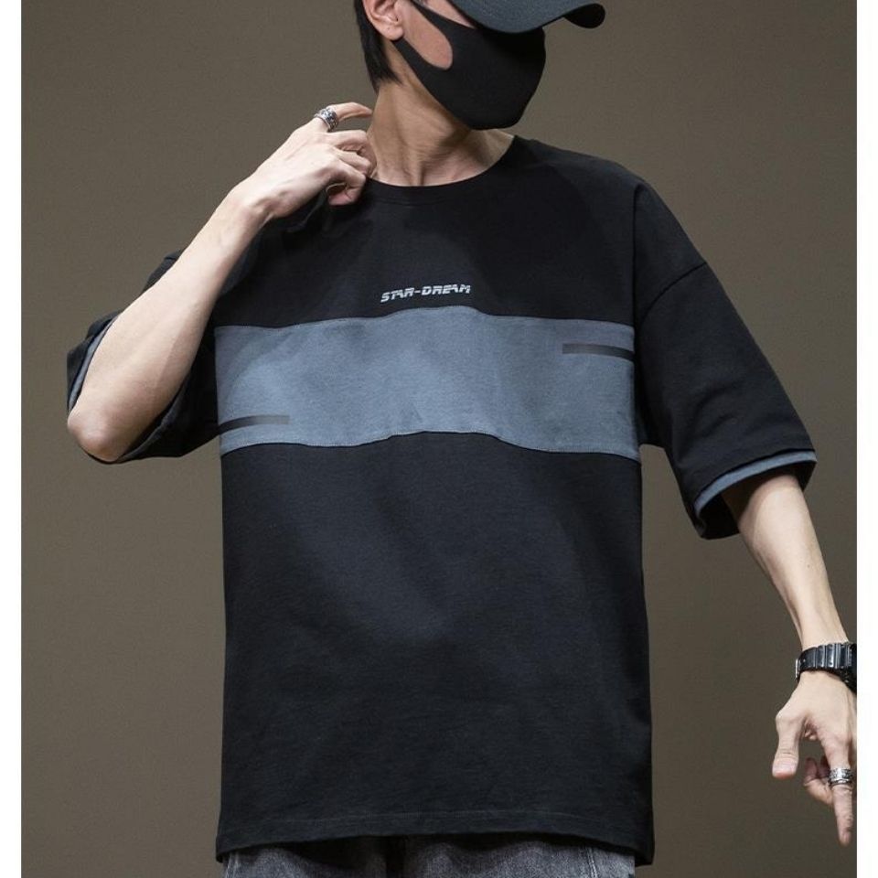 日系拼接百搭寬鬆圓領純棉短袖T恤-vivivale