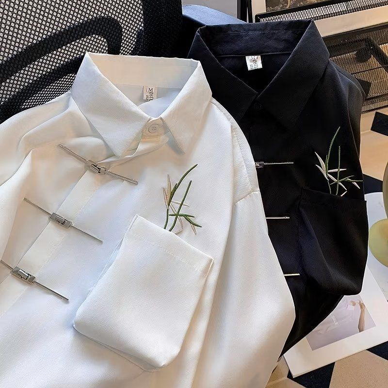 國風刺繡中式百搭休閒金屬痞帥長袖襯衫