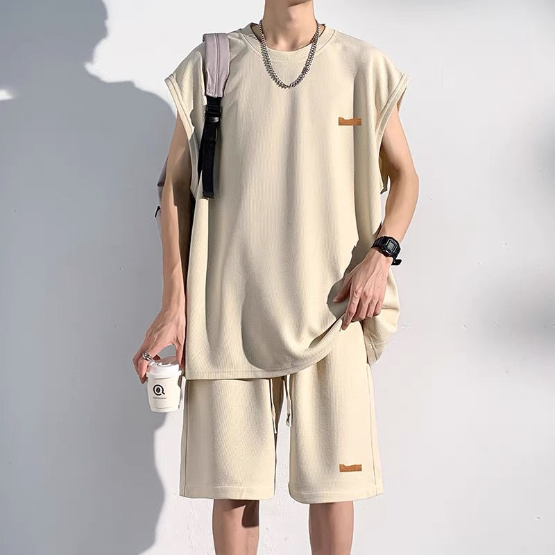 【套裝】冰絲速乾運動風健身無袖背心+短褲兩件套裝-vivivale