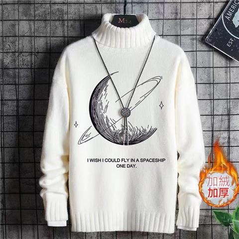 韓版卡通印花潮流針織衫一體絨半高領毛衣-vivivale