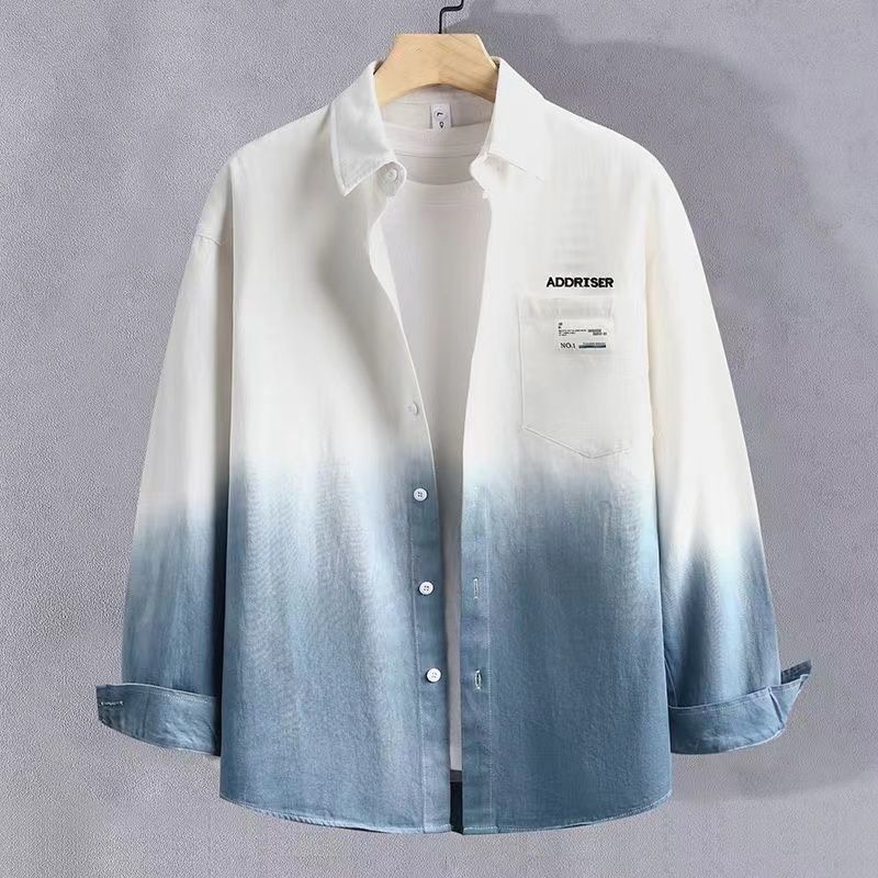 漸變色翻領休閒潮流長袖襯衫-vivivale