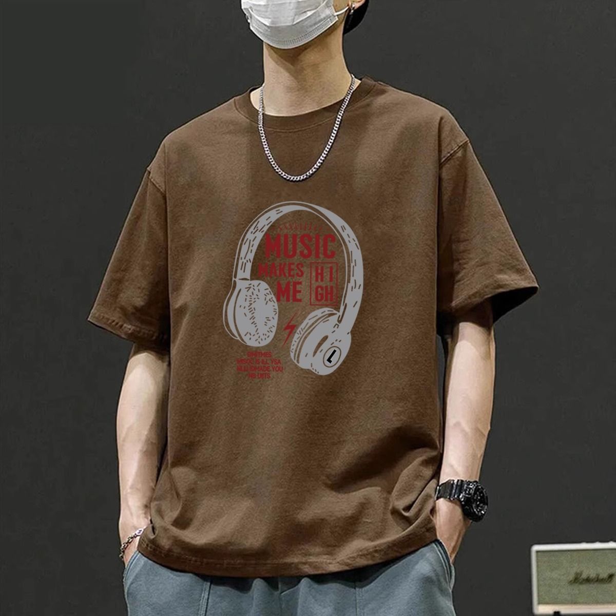 復古百搭大碼寬鬆耳機印花純棉短袖t恤