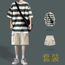 條紋T綠色+五分褲卡其【兩件套】