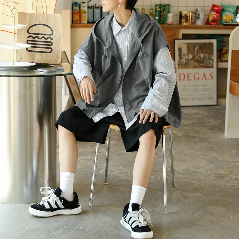 復古文藝休閒外搭寬鬆慵懶風連帽背心馬甲-vivivale