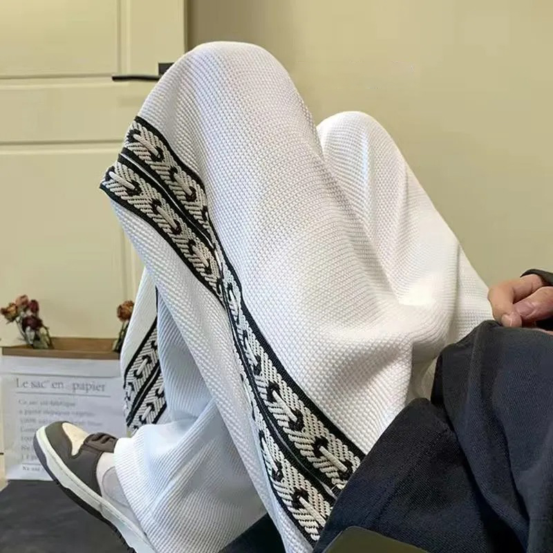 美式高街華夫格潮牌直筒闊腿褲裝-vivivale