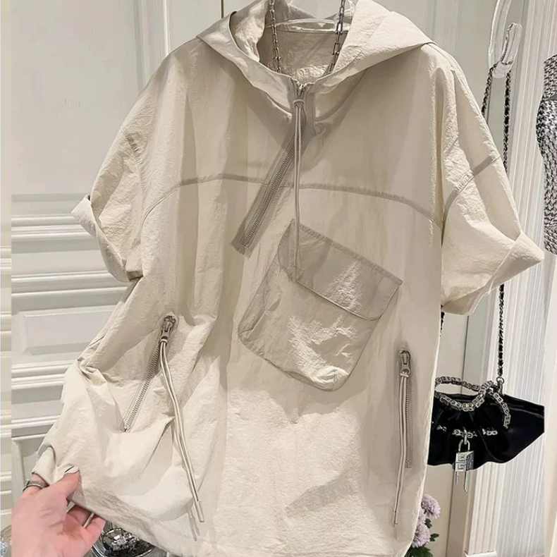 防曬衫港風休閒不規則百搭連帽短袖T恤-vivivale