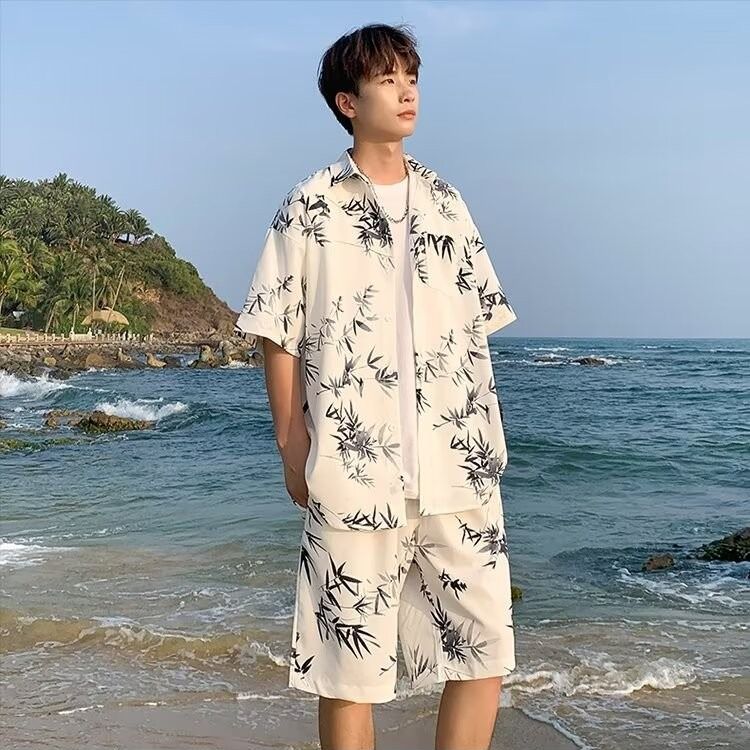 【套裝】冰絲薄款寬鬆短袖花襯衫+休閒速乾沙灘短褲兩件套裝-vivivale