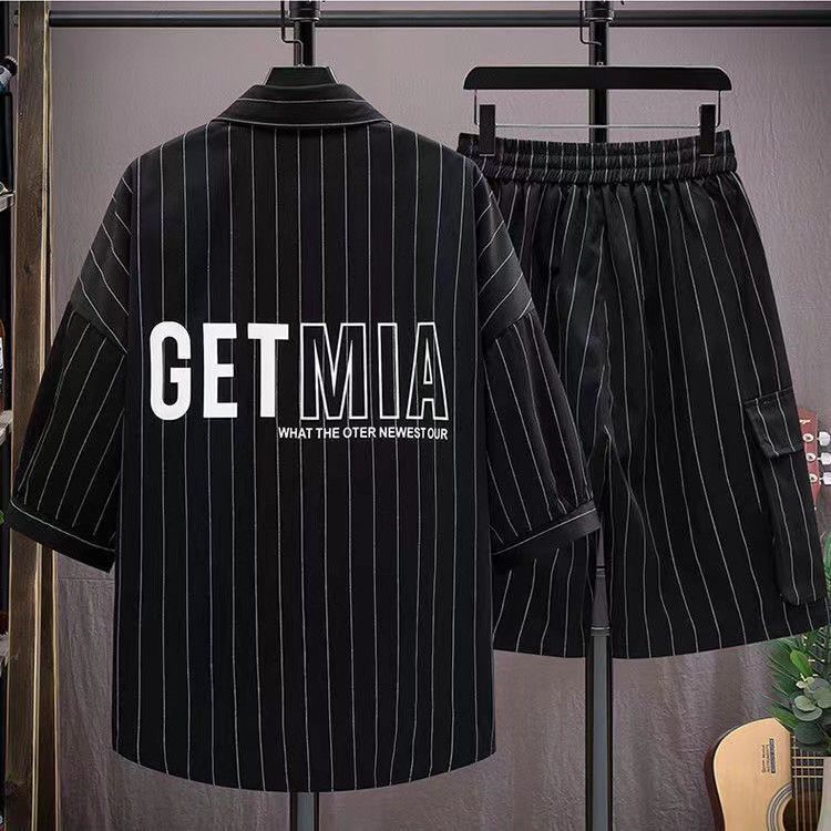 【單件/套裝】條紋寬鬆五分袖襯衫+休閒運動短褲兩件套裝-vivivale