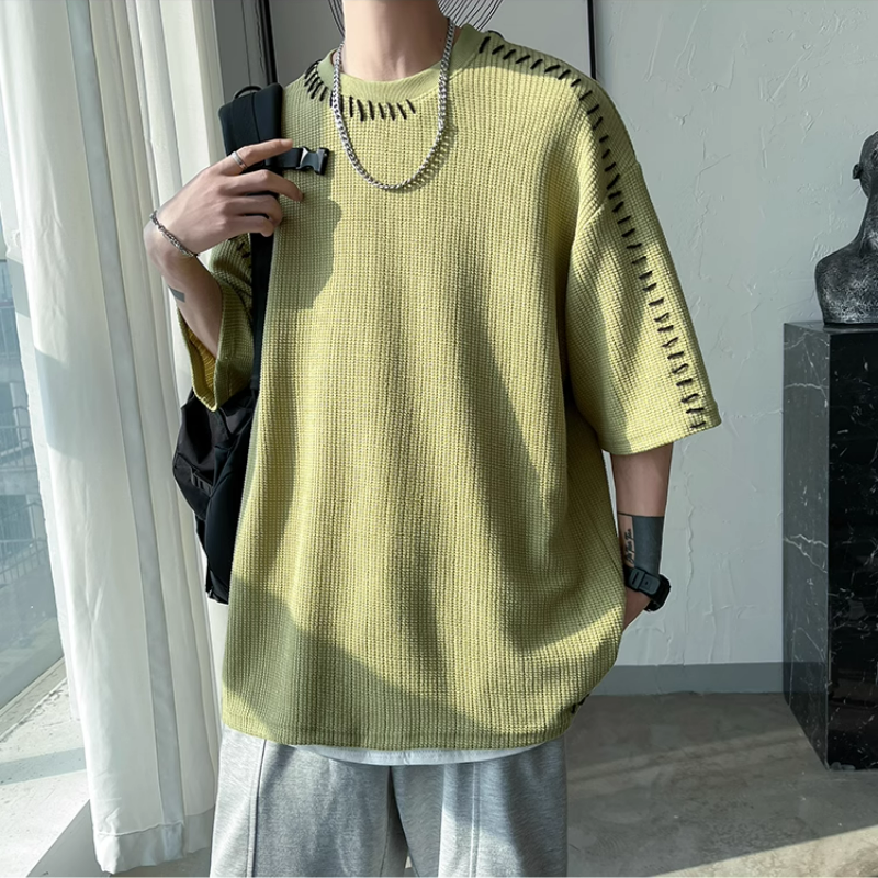 設計感帥氣寬鬆休閒圓領華夫格短袖t恤-vivivale