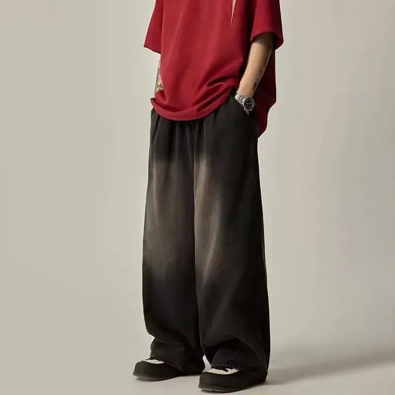 鬆緊腰oversize日系寬鬆街頭垂感拖地闊腿牛仔褲