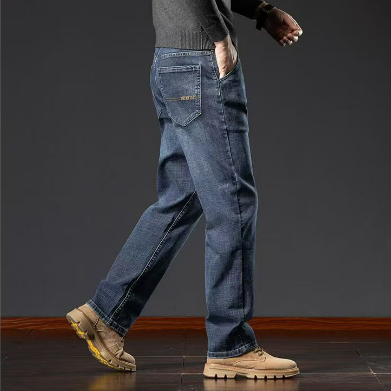 寬鬆直筒高彈休閒大碼長款水洗牛仔褲-vivivale