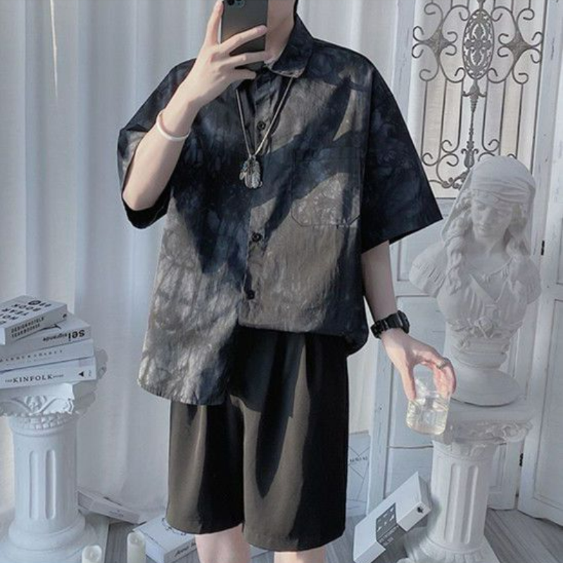 【整套】港風潮流韓版百搭短袖襯衫+休閑短褲兩件套