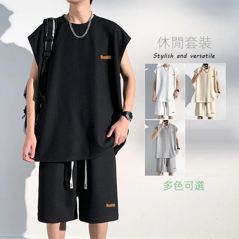 【套裝】冰絲速乾運動風健身無袖背心+短褲兩件套裝-vivivale