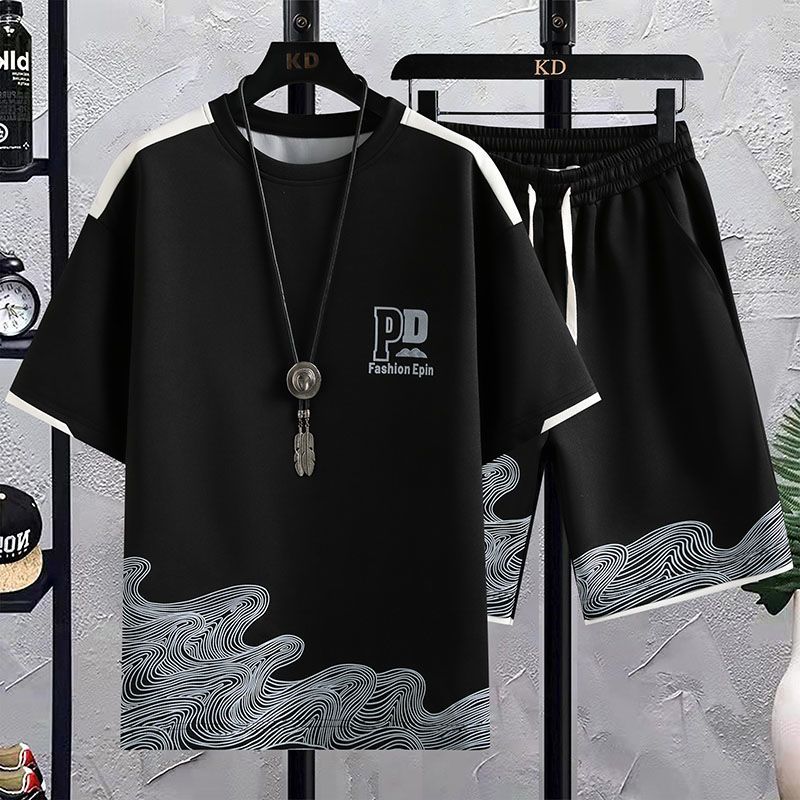 【整套】休閒圓領帥氣短袖T恤+鬆緊腰抽繩短褲兩件套裝-vivivale