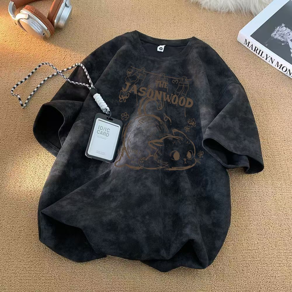 時尚休閑紮染卡通小貓印花短袖T恤