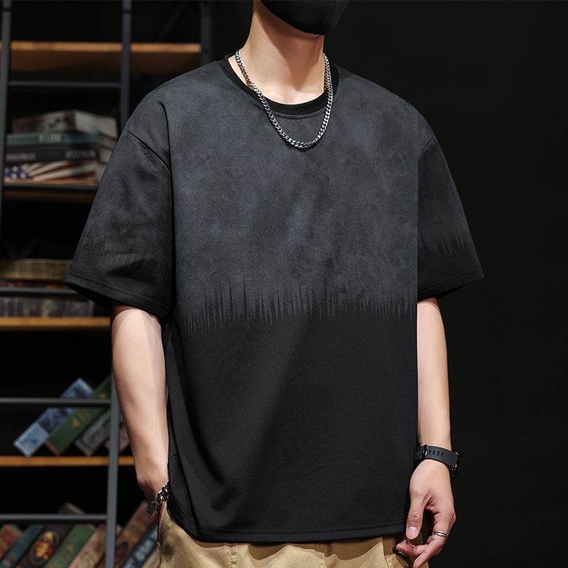 漸變潮流寬鬆設計感圓領短袖T恤-vivivale