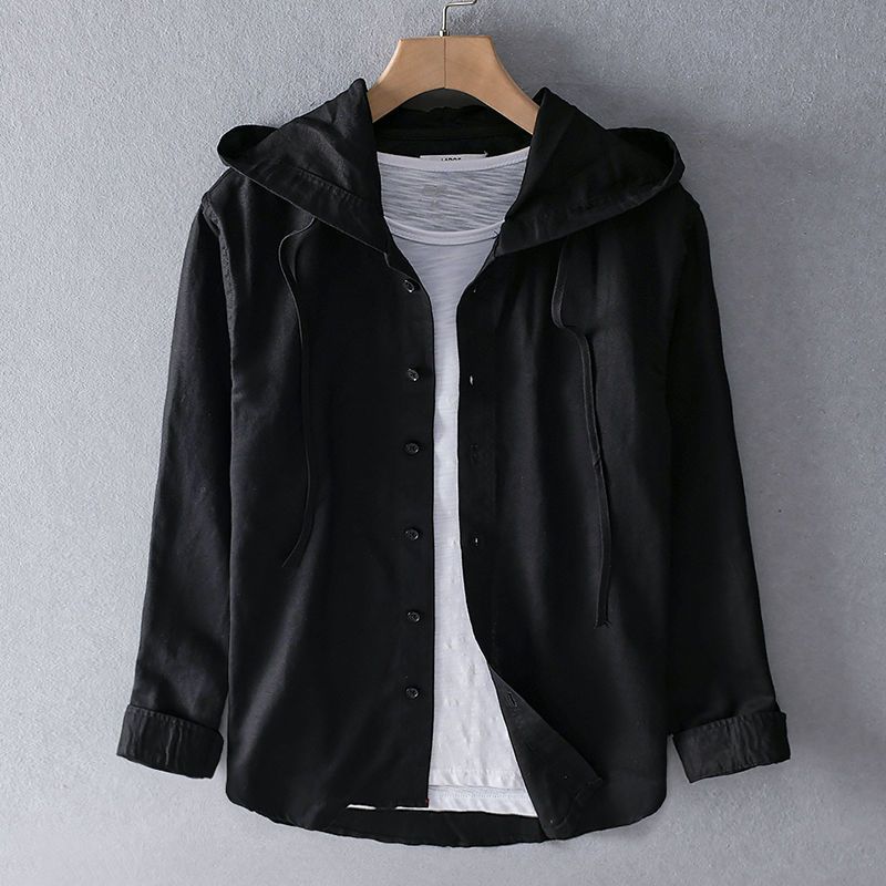 潮流寬鬆純色時尚長袖連帽棉麻襯衫