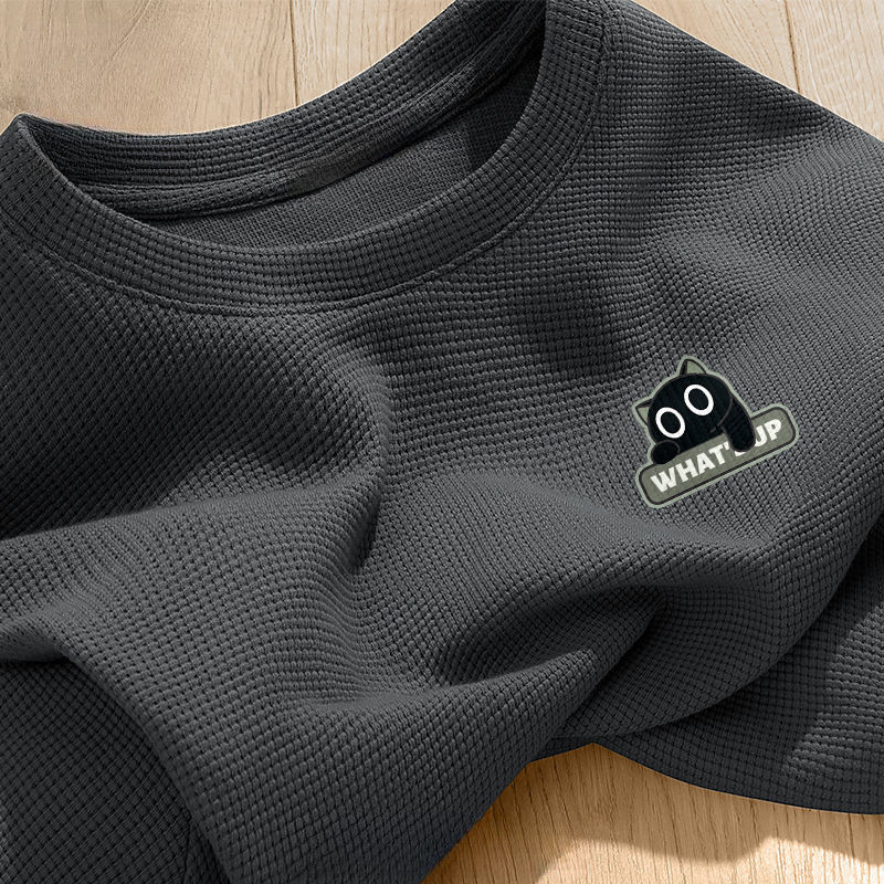 華夫格寬鬆簡約圓領印花短袖-vivivale