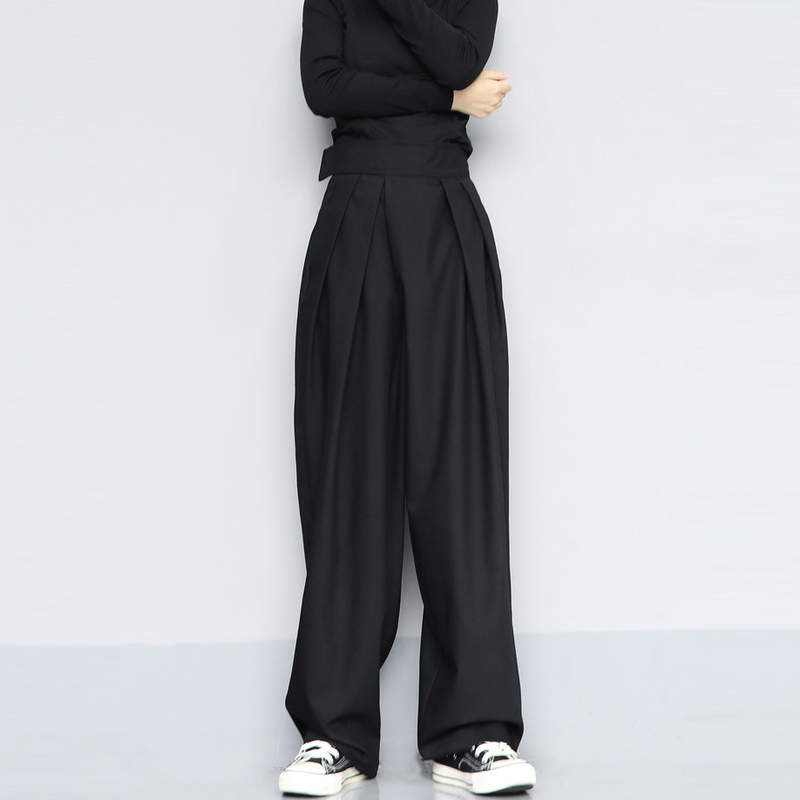 日系垂感休閒闊腿拖地設計感魔術貼西裝褲-vivivale