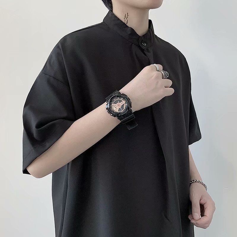 【單件/套裝】冰絲寬鬆立領襯衫+潮流純色五分褲兩件套-vivivale