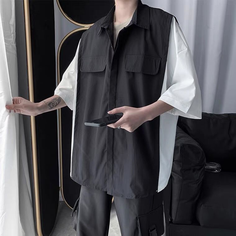 【整套】港風潮流韓版百搭短袖襯衫+休閑短褲兩件套