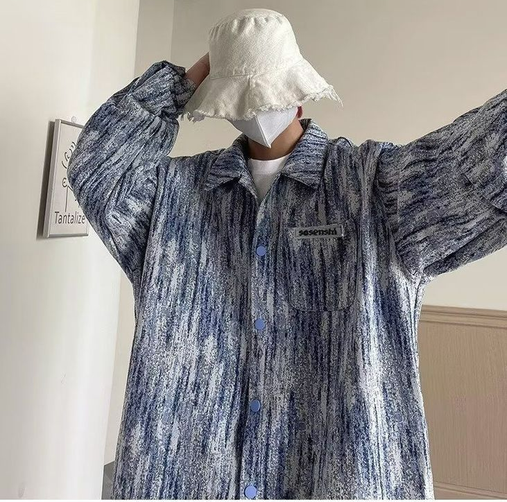 美式高街潮流休閒帥氣寬鬆紮染長袖襯衫