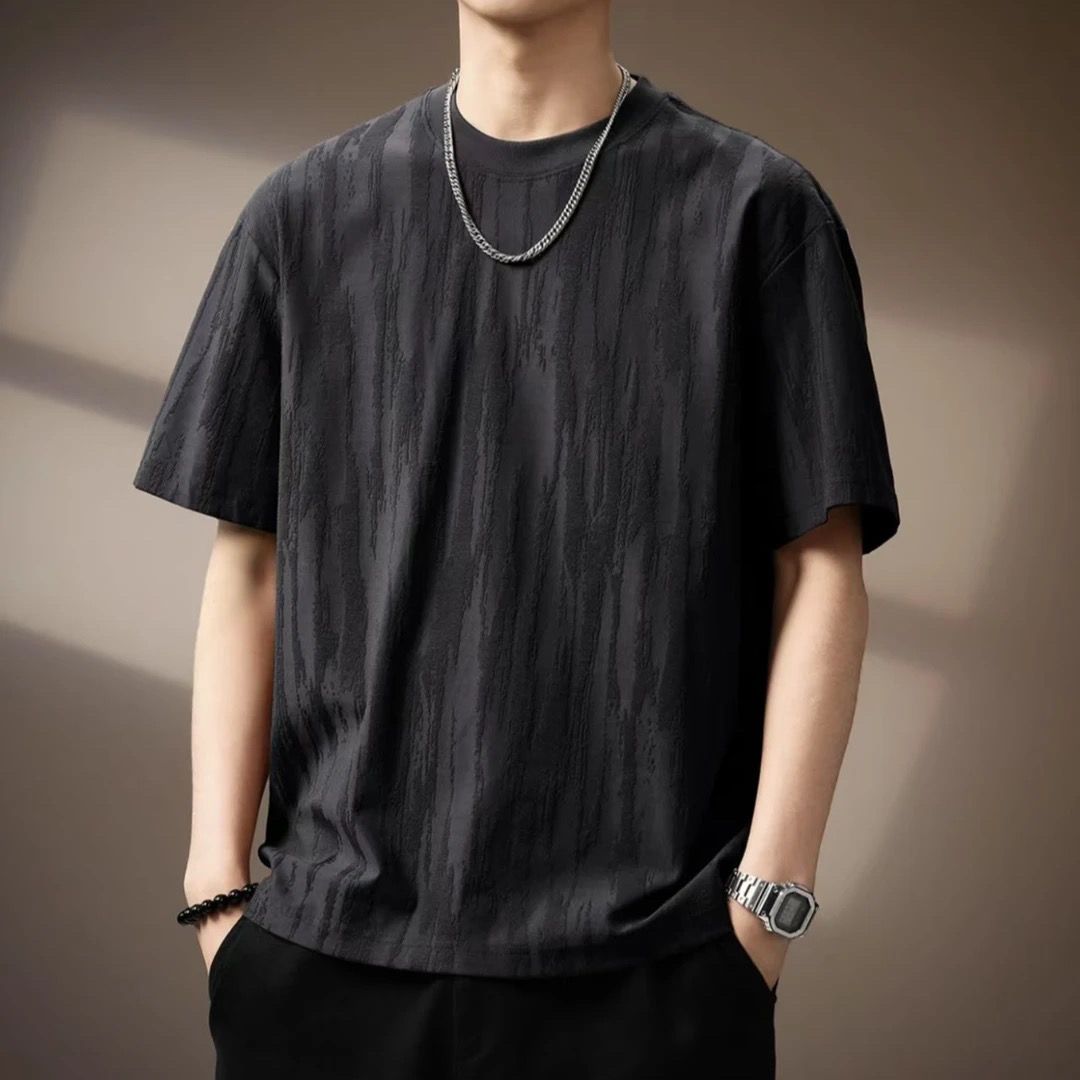 重磅百搭提花圓領復古寬鬆短袖T恤-vivivale