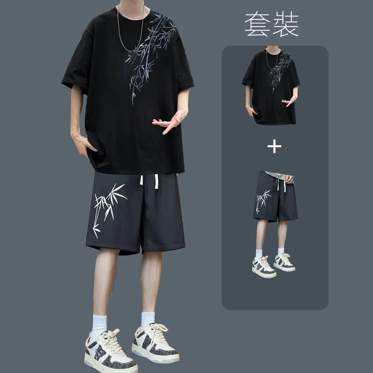 【套裝】休閒百搭潮流運動風短袖T恤+短褲兩件套裝-vivivale