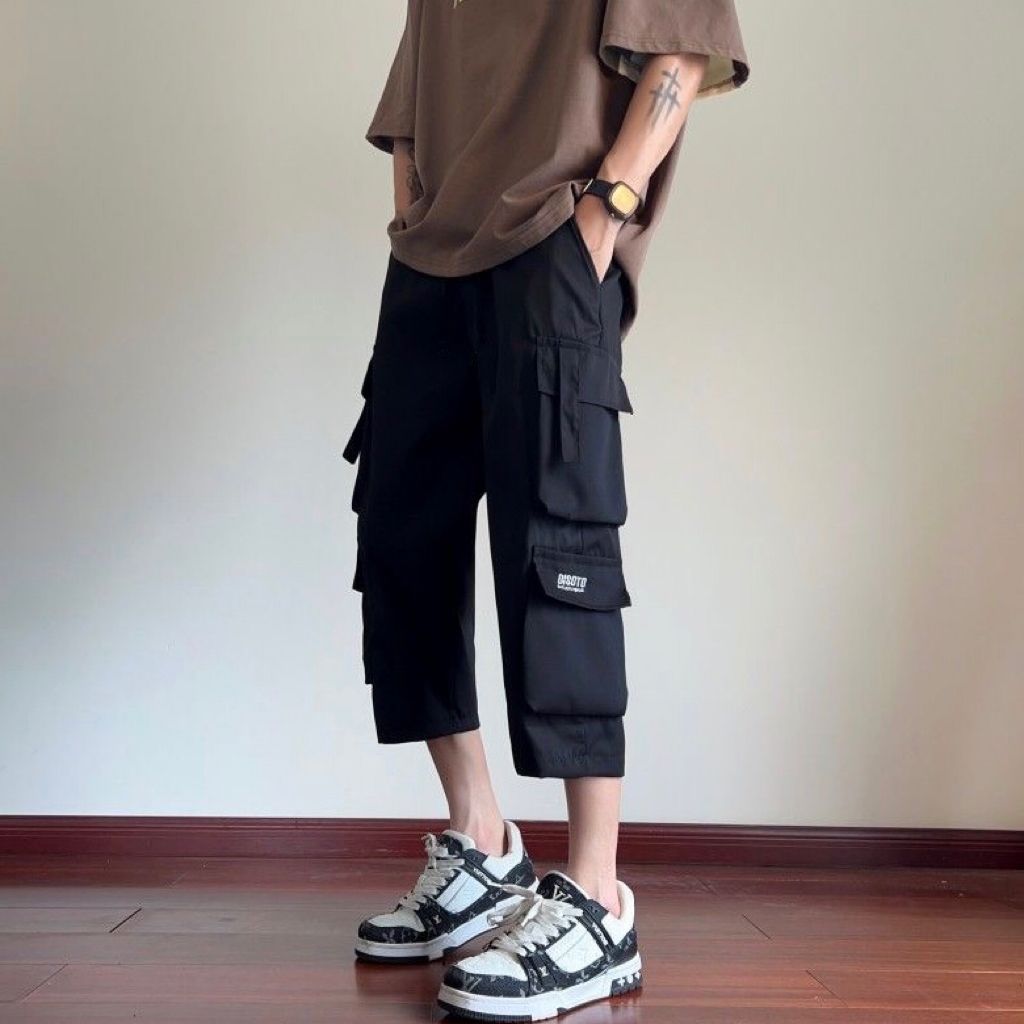 多口袋工裝薄款耐磨休閒運動潮流直筒七分短褲