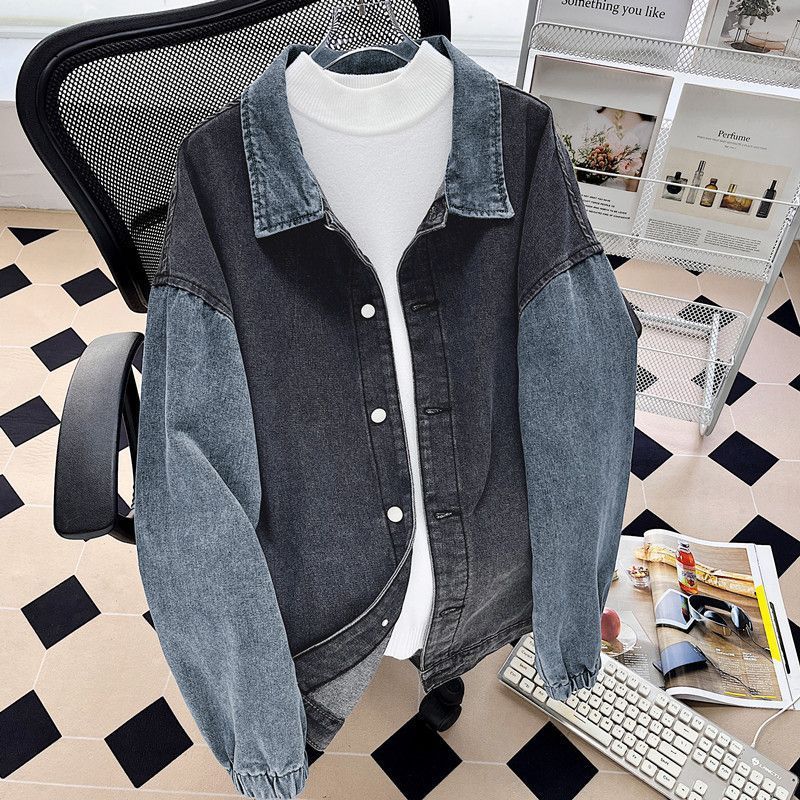 港風復古設計感拼接撞色夾克百搭牛仔外套-vivivale