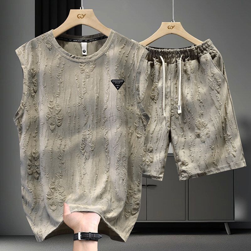 【整套】紮染輕奢破洞薄款提花無袖t恤+休閑短褲兩件套