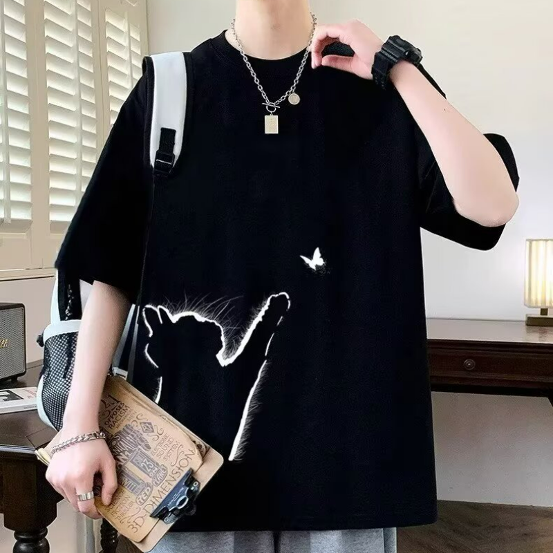 時尚休閒寬鬆潮流貓咪印花情侶短袖T恤