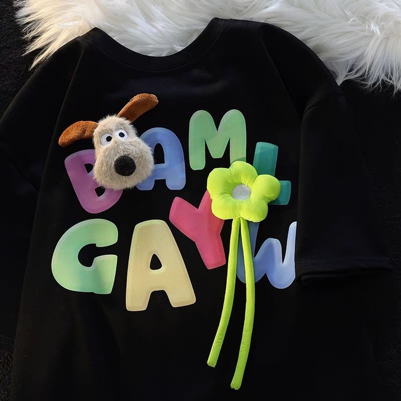 可愛立體裝飾寬鬆圓領印花情侶短袖T恤(公仔可拆)-vivivale