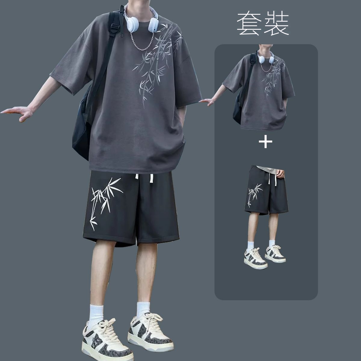 【套裝】休閒百搭潮流運動風短袖T恤+短褲兩件套裝-vivivale