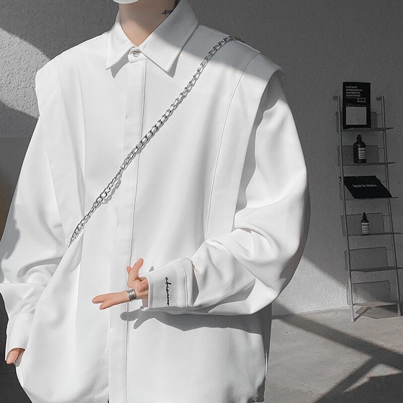 高級感痞帥廓形百搭美式潮牌假兩件長袖襯衣